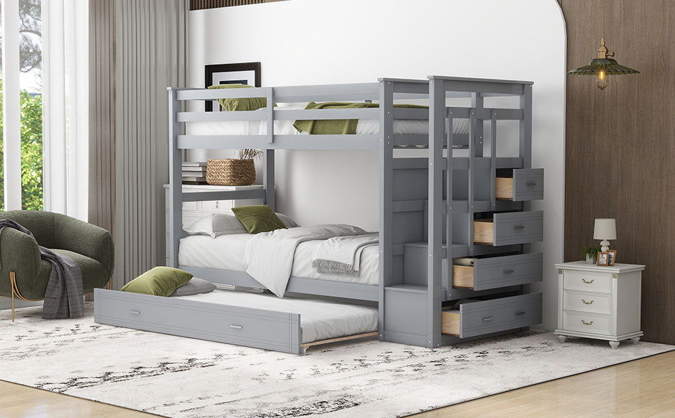 Twin Over Twin Bunk Bed with Trundle and Staircase,Gray(OLD SKU:LT000068AAE) - Atlantic Fine Furniture Melbourne FL