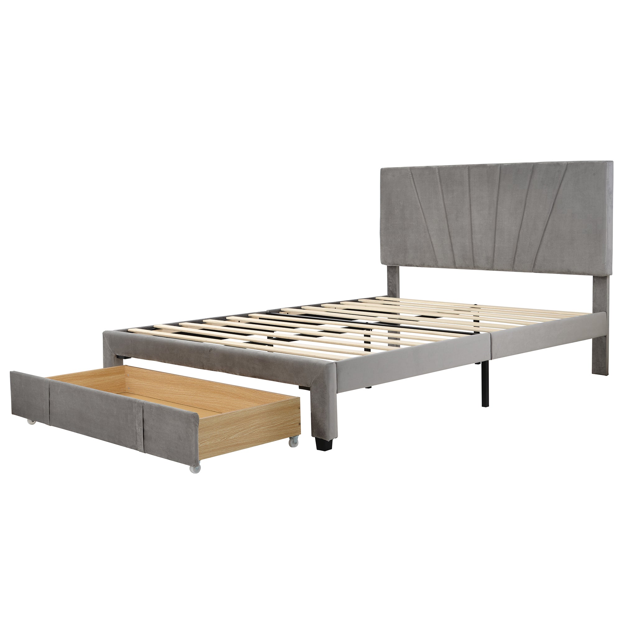 Queen Size Storage Bed Velvet Upholstered Platform Bed with a Big Drawer - Gray - Atlantic Fine Furniture Melbourne FL
