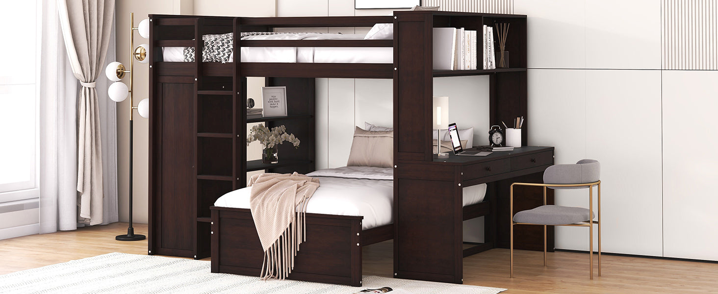 Full size Loft Bed with a twin size Stand-alone bed, Shelves,Desk,and Wardrobe-Espresso - Atlantic Fine Furniture Melbourne FL