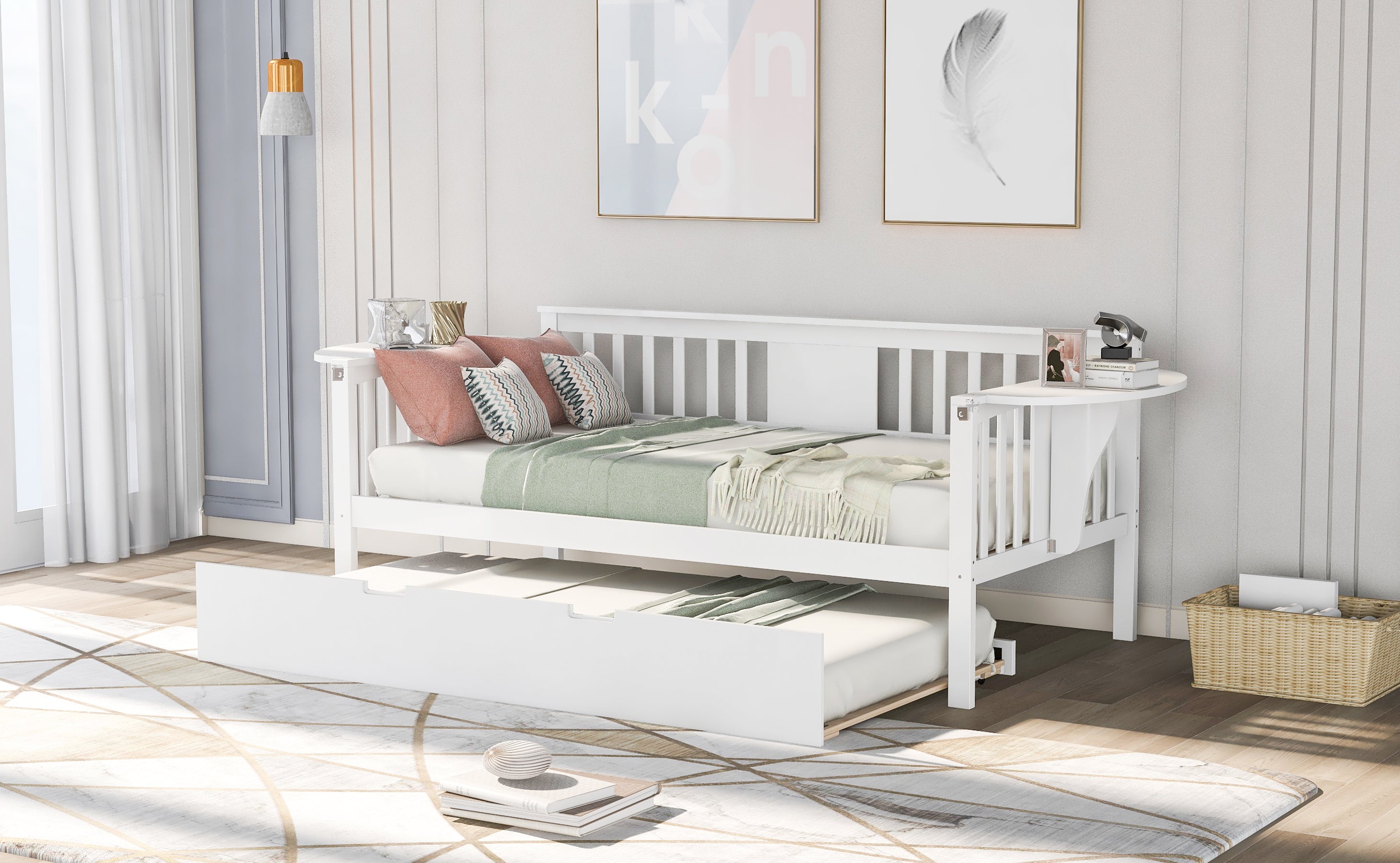Twin Wooden Daybed with Trundle Bed  , Sofa Bed for Bedroom Living Room, White - Atlantic Fine Furniture Melbourne FL