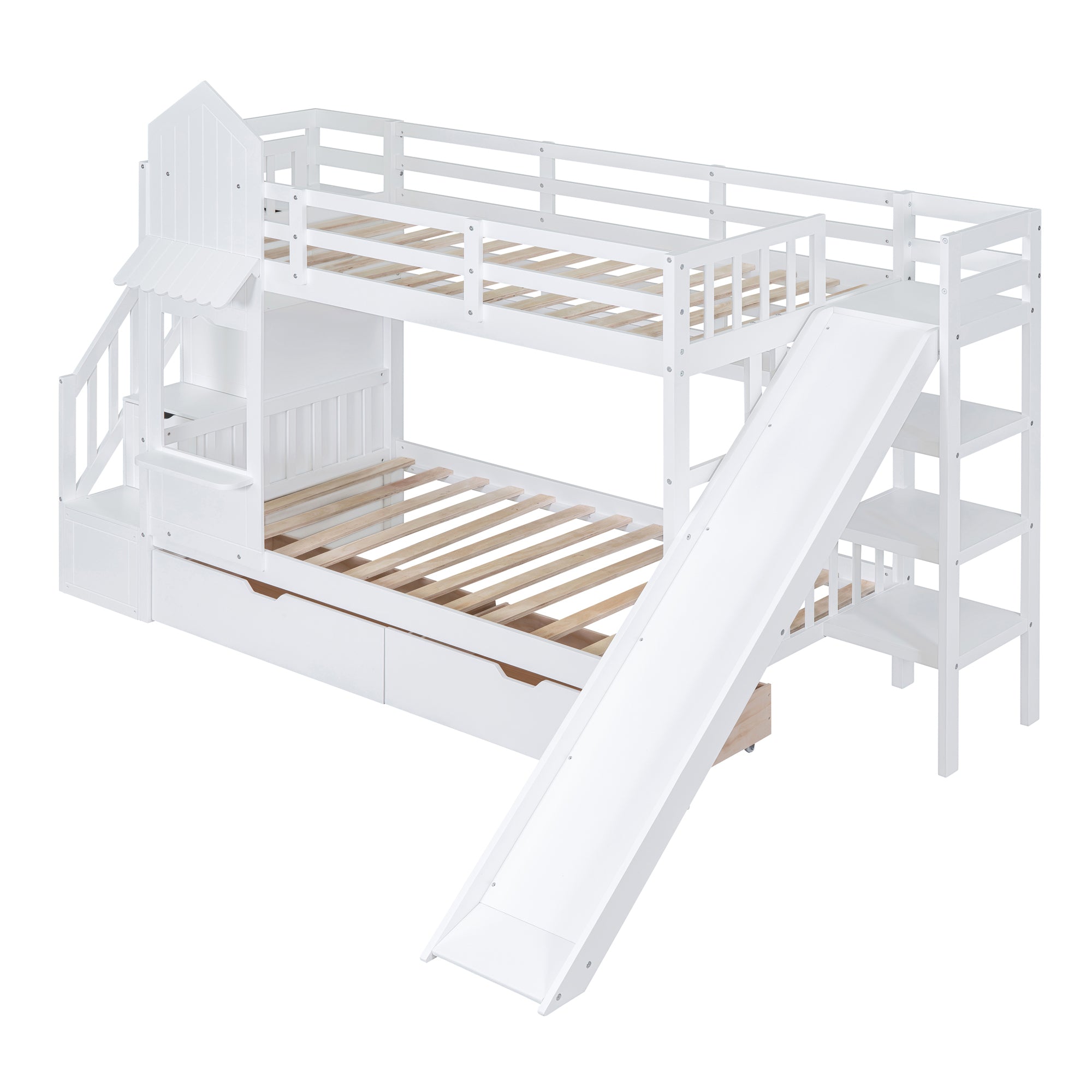 Twin-Over-Twin Castle Style Bunk Bed with 2 Drawers 3 Shelves and Slide - White - Atlantic Fine Furniture Melbourne FL