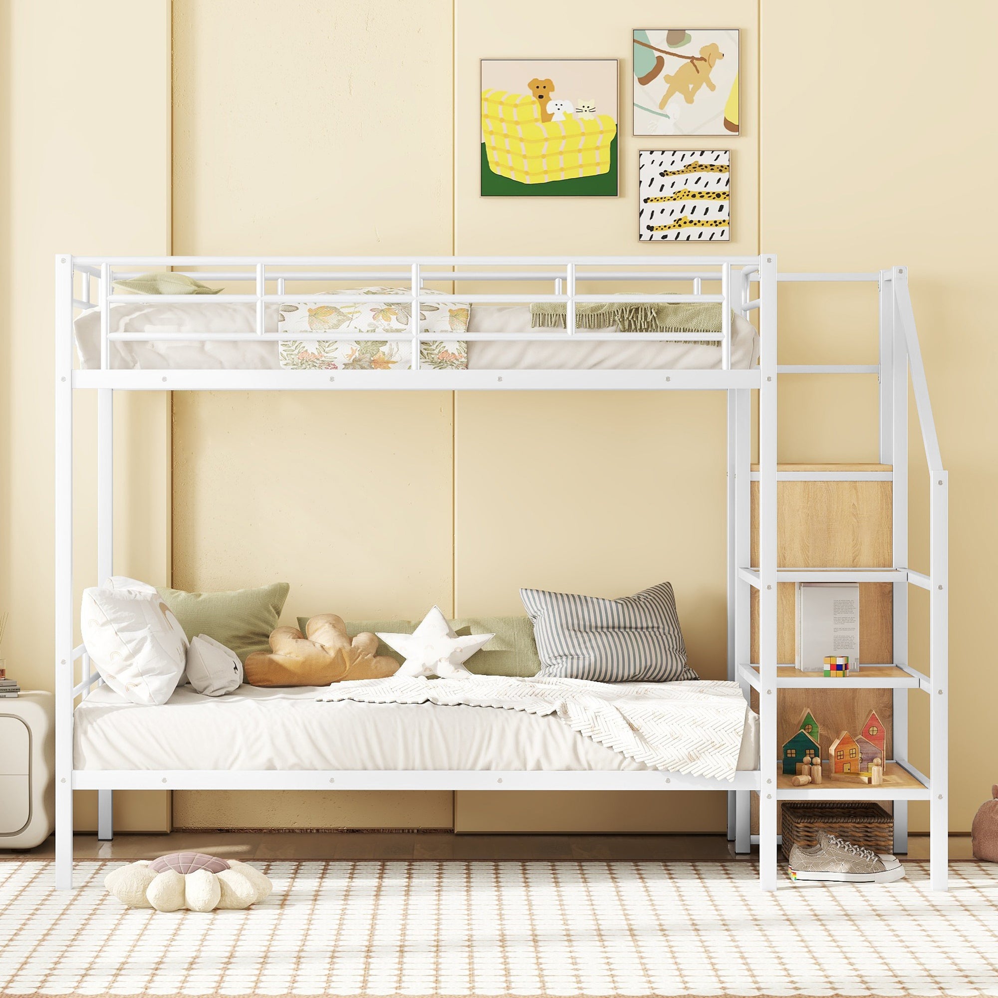 Twin Over Twin Metal Bunk Bed with Lateral Storage Ladder and Wardrobe, White - Atlantic Fine Furniture Melbourne FL