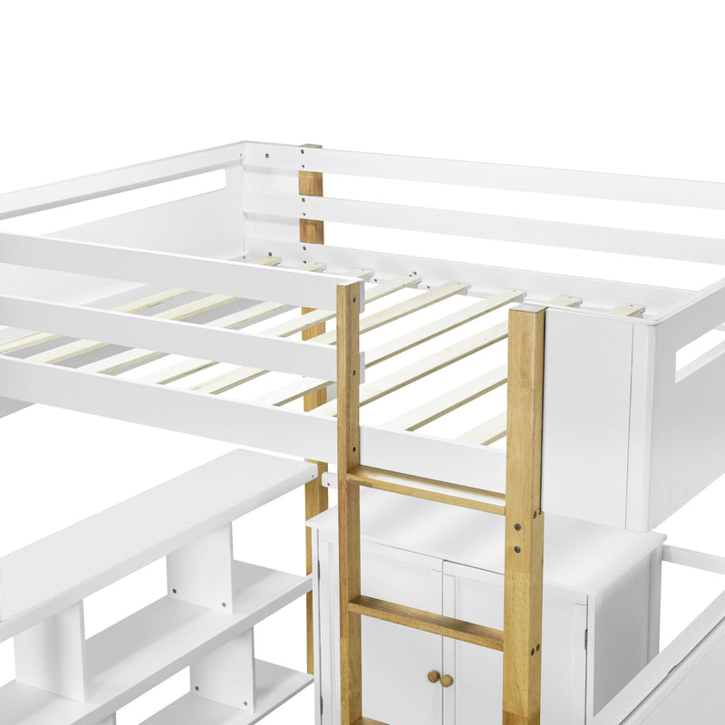 Full Size Wood Loft Bed With Built-in Storage Cabinet and Cubes, Foldable desk, White