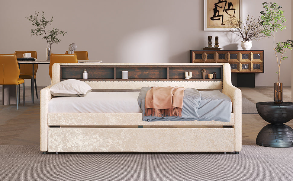 Twin Size Snowflake Velvet Daybed with Trundle and Built-in Storage Shelves,Beige - Atlantic Fine Furniture Melbourne FL
