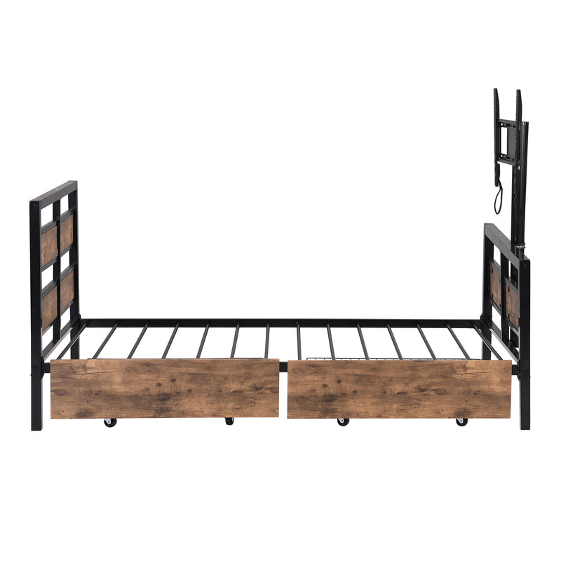 Twin Size Platform Bed With Headboard And Footboard, 2 Storage Drawers And Rotatable TV Stand - Black