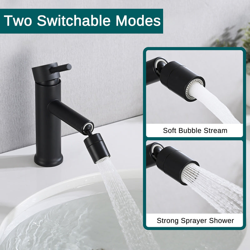 2 Mode Bathroom Faucet With 360 Degree Rotating Aerator For Sink - Matte Black