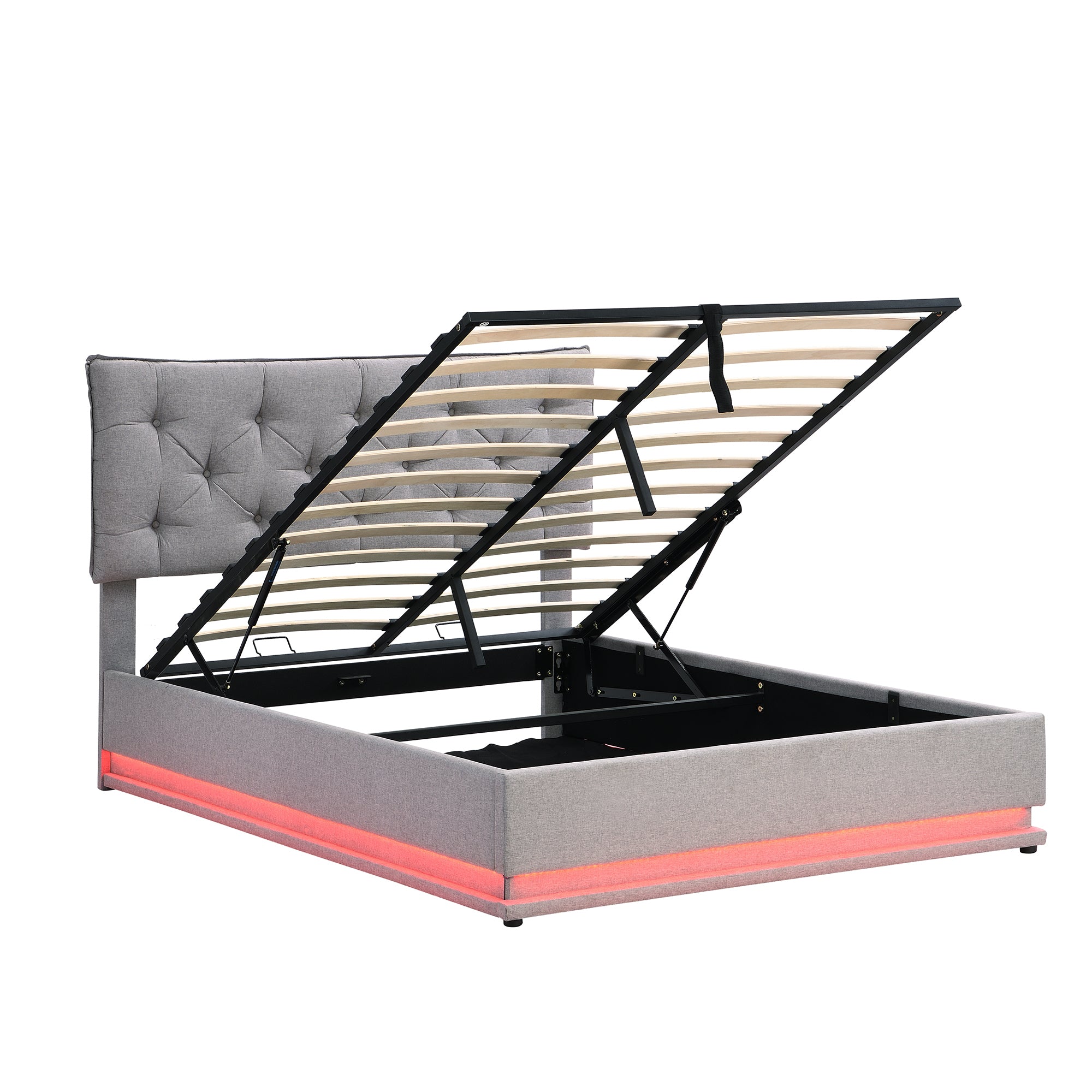 Full Size Upholstered Bed with Hydraulic Storage System and LED Light, Modern Platform Bed with Button-tufted Design Headboard, Gray - Atlantic Fine Furniture Melbourne FL