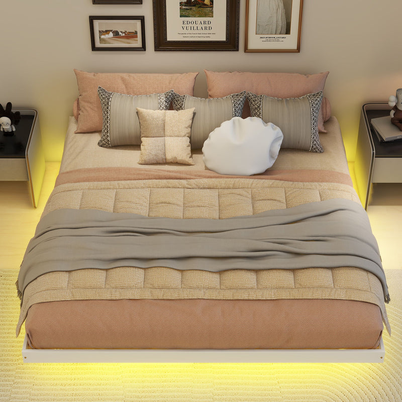 Floating Bed With Led Lights Underneath, Modern Queen Size Low Profile Platform Bed With Led Lights