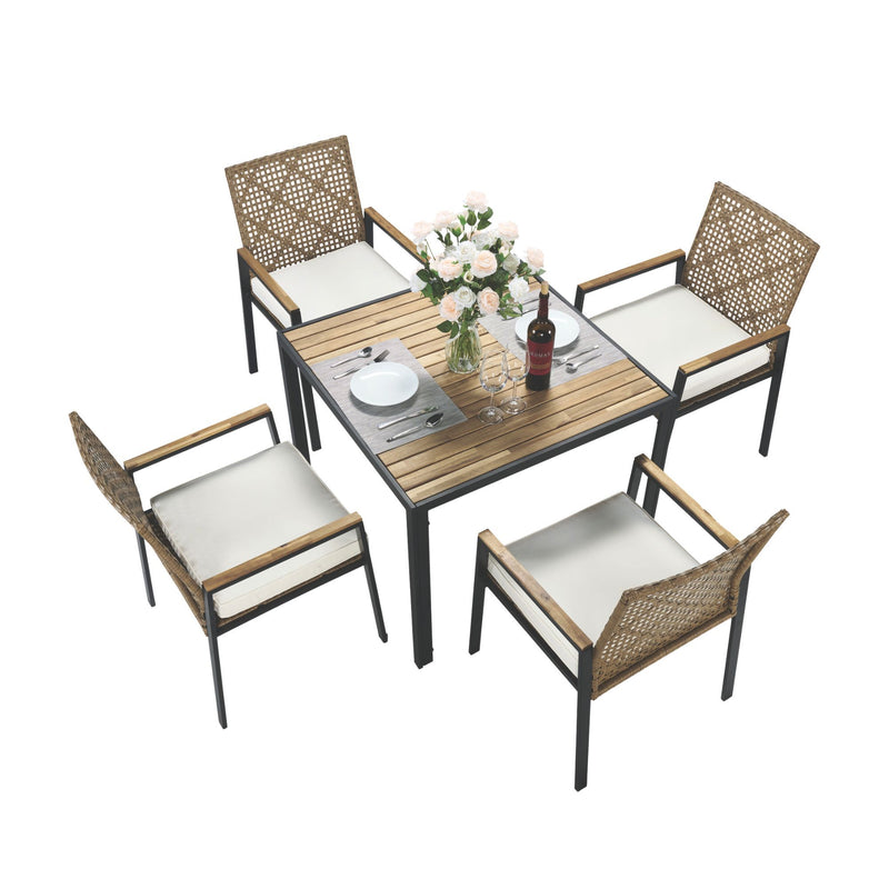 5 Piece Patio Dining Table Set, Acacia Wood Table Top With Umbrella Hole