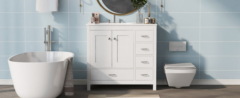 Bathroom Vanity With Ceramic Sink Combo, Abundant Storage Cabinet -2 Soft-Close Doors And 5 Drawers