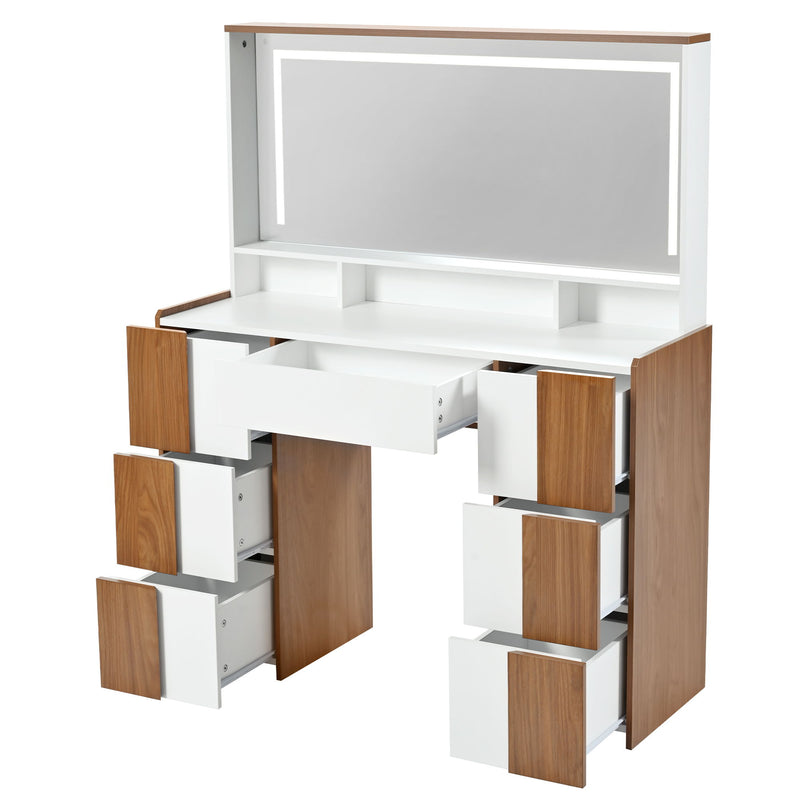 Elegant Vanity Table With Large Lighted Mirror & Power Outlet, Dressing Table With 7 Drawers & Shelves, Vanity Desk With Brown Solid Wood Style Stickers - Brown / White