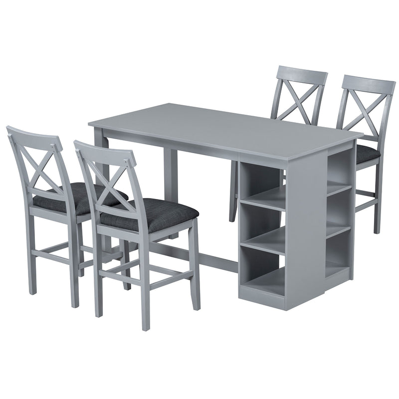 Solid Wood Farmhouse Counter Height Dining Table Set With 3 Tier Storage Shelves