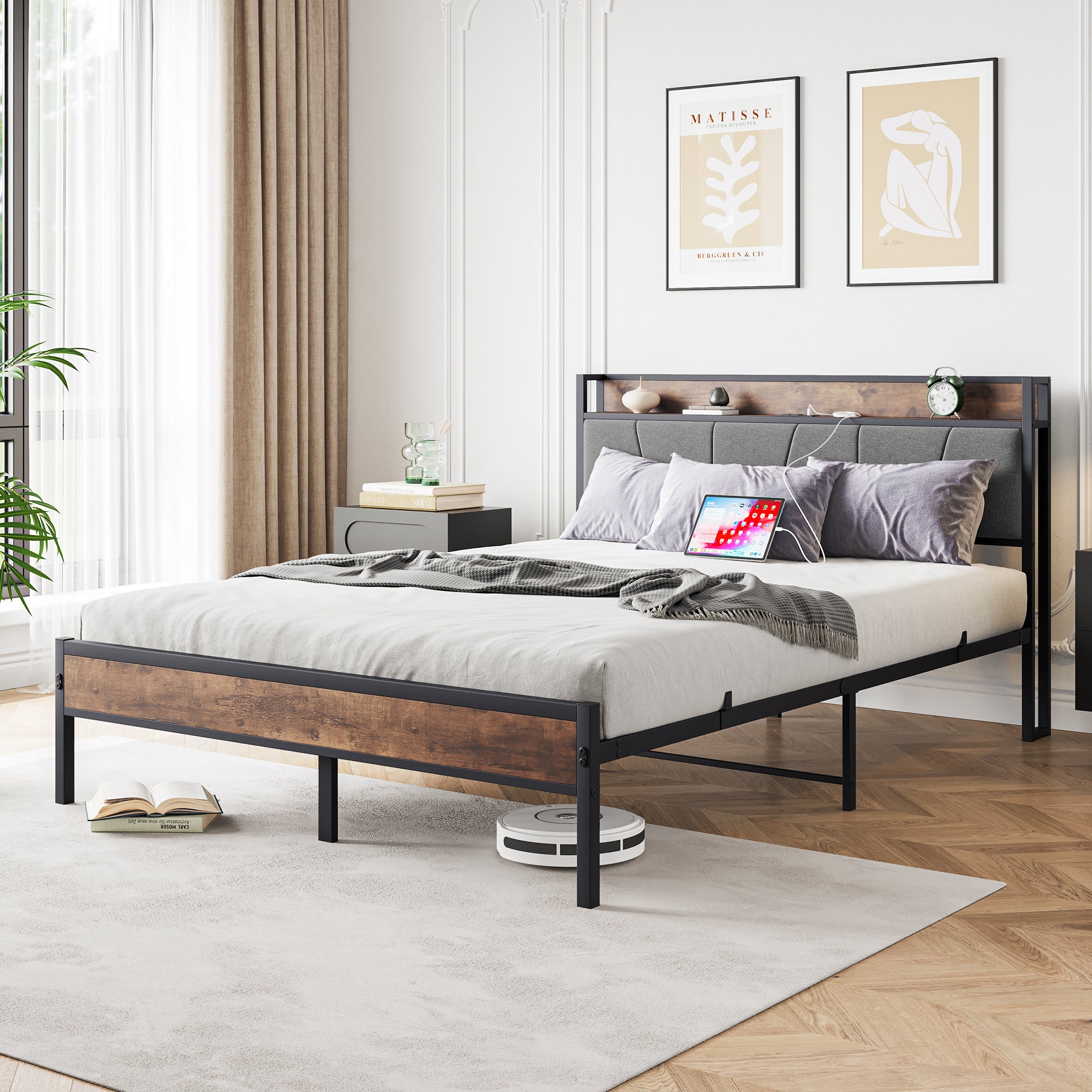 Queen Size Bed Frame, Storage Headboard with Charging Station, Solid and Stable, Noise Free, No Box Spring Needed, Easy Assembly, Vintage Brown and Gray - Atlantic Fine Furniture Melbourne FL