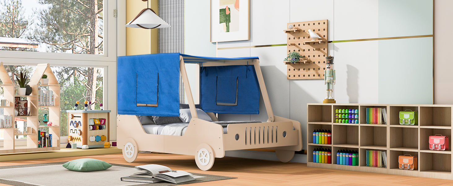 Full Size Car Shaped Bed with Tents,Natural