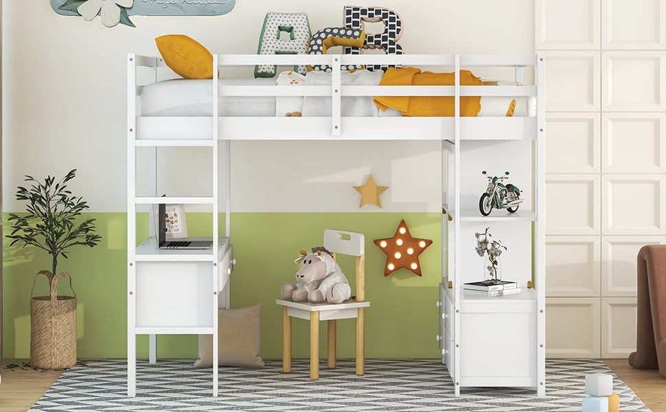 Twin  Size Loft Bed with Built-in Desk with Two Drawers, and Storage Shelves and Drawers,White - Atlantic Fine Furniture Melbourne FL