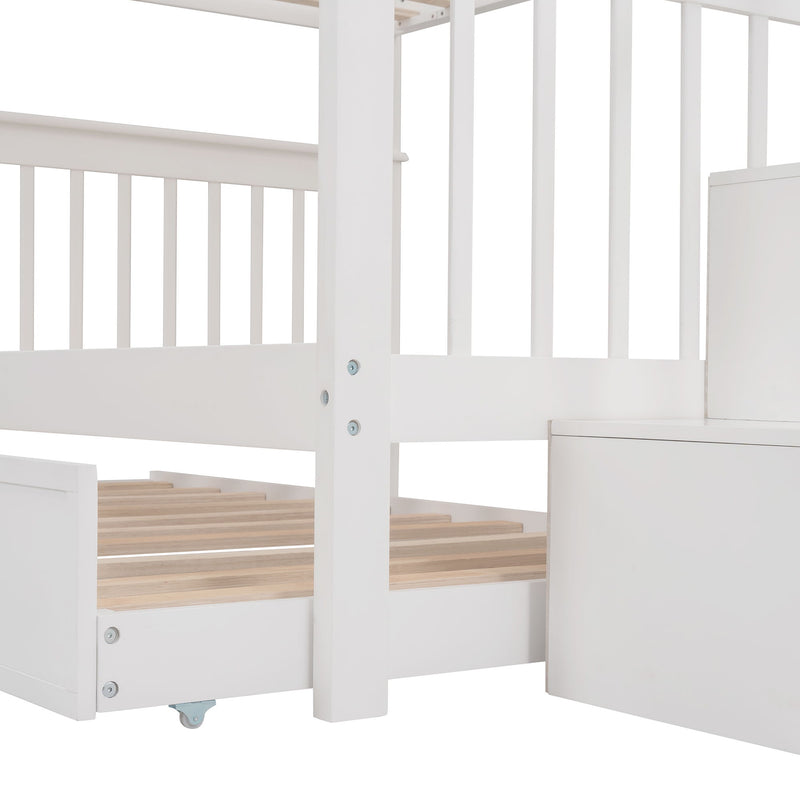 Stairway Bunk Bed With Twin Size Trundle, Storage And Guard Rail For Bedroom, Dorm