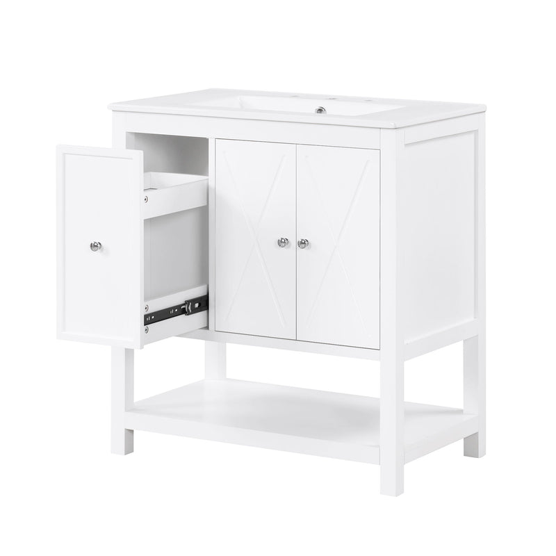 Bathroom Vanity With Sink Top, Bathroom Vanity Cabinet With Two Doors And One Drawer, MDF Boards, Solid Wood, One Package - White