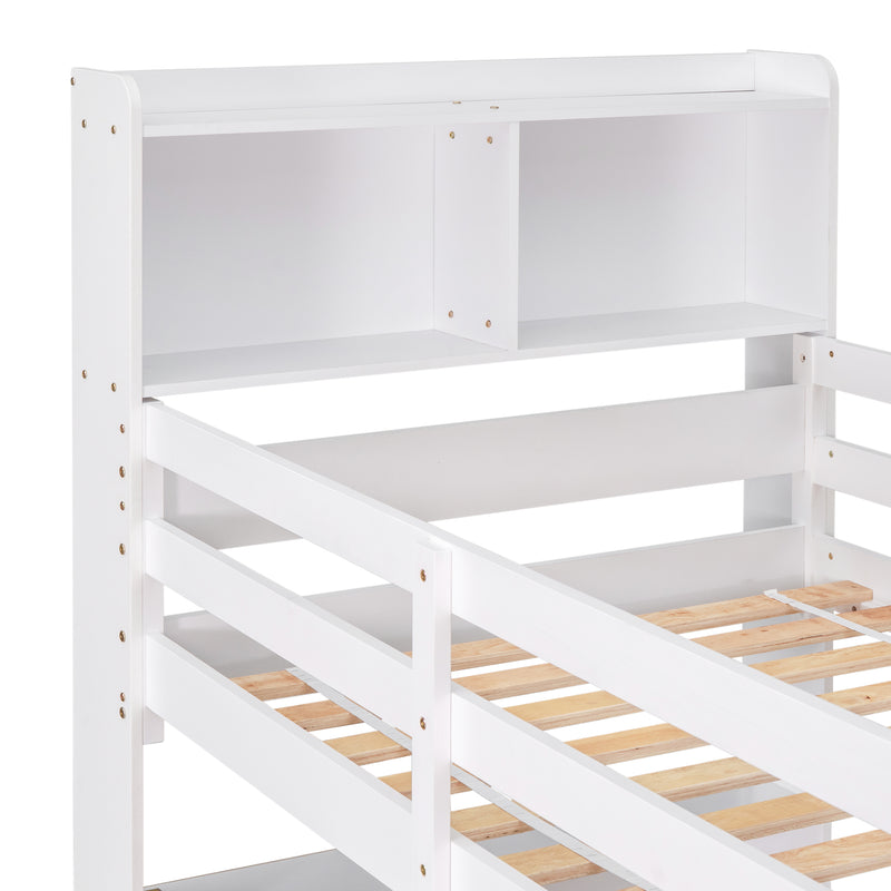 Twin Over Twin Bunk Beds with Bookcase Headboard, Solid Wood Bed Frame with Safety Rail and Ladder, Kids/Teens Bedroom, Guest Room Furniture, Can Be converted into 2 Beds, White