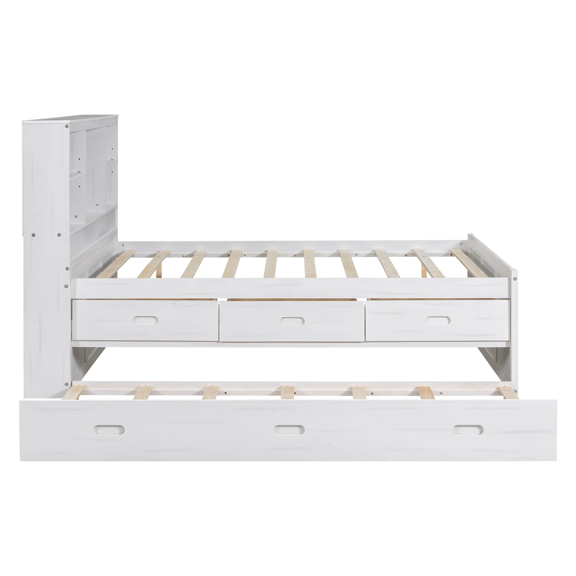 Full Size Platform Bed with Storage Headboard, Charging Station, Twin Size Trundle and 3 Drawers, Antique White - Atlantic Fine Furniture Melbourne FL