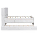 Full Size Platform Bed with Storage Headboard, Charging Station, Twin Size Trundle and 3 Drawers, Antique White