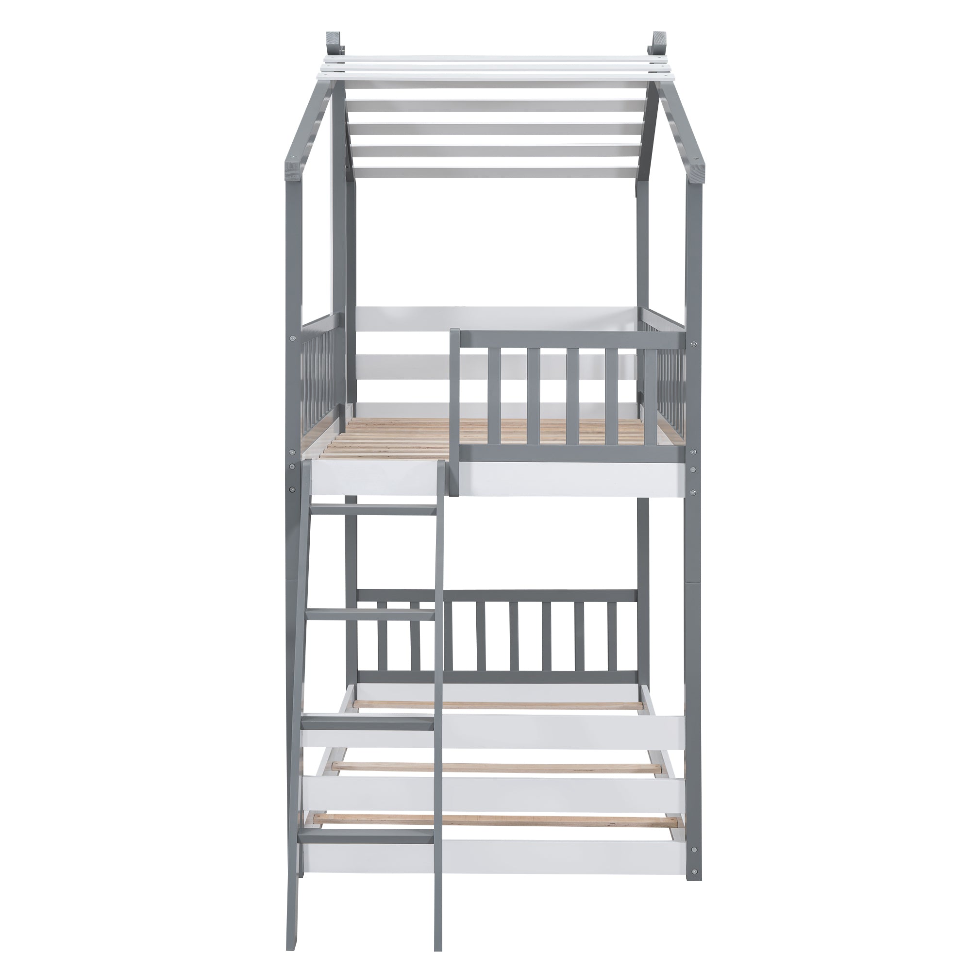 Twin Over Twin Bunk Bed Wood Bed with Roof, Window, Ladder,Gray(OLD SKU :LT100008AAE) - Atlantic Fine Furniture Melbourne FL
