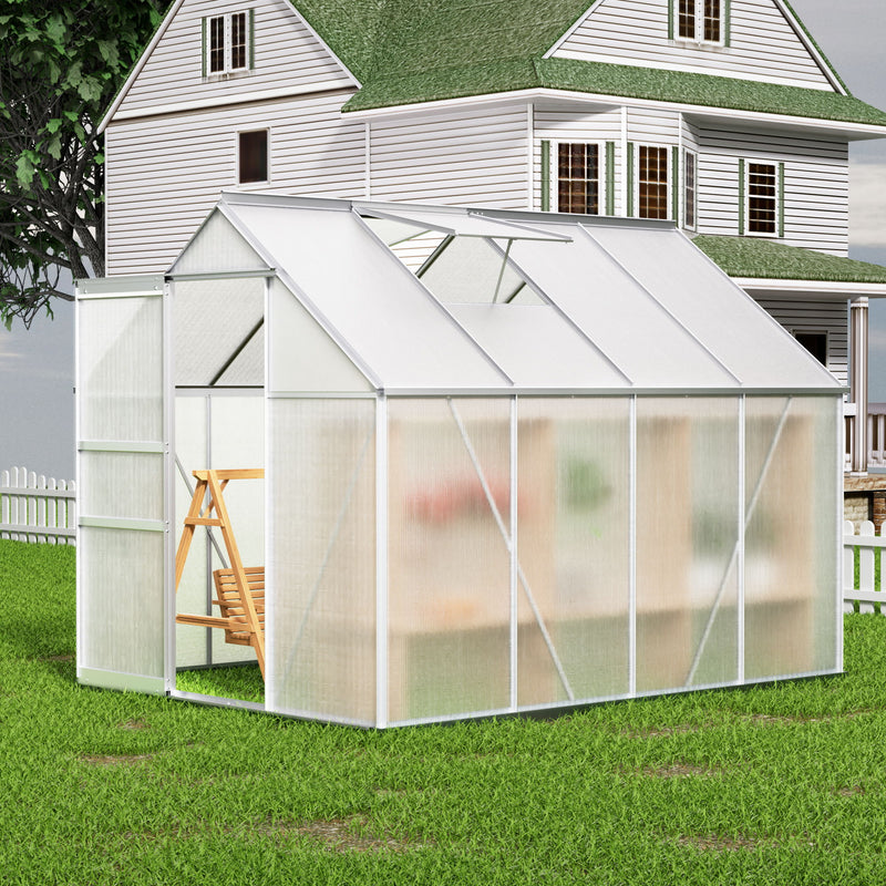 Walk-In Polycarbonate Greenhouse With Roof Vent, Sliding Doors, Hobby Hot House For Outdoor Garden Backyard - Silver