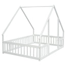Full Wood House-Shaped Floor Bed with Fence, Guardrails,White