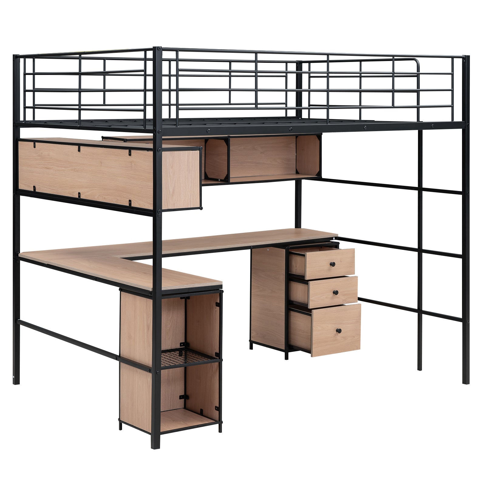 Metal Loft Bed with bookcase, desk and cabinet, Full, Black - Atlantic Fine Furniture Melbourne FL