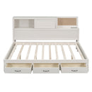 Full Size Wooden Daybed with 3 Storage Drawers, Upper Soft Board, shelf, and a set of Sockets and USB Ports, White