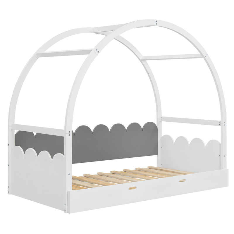 Twin size stretchable vaulted roof bed, children's bed pine wood frame, white+gray