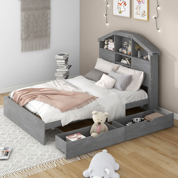 Full Size Wood Platform Bed with House-shaped Storage Headboard and 2 Drawers, Gray