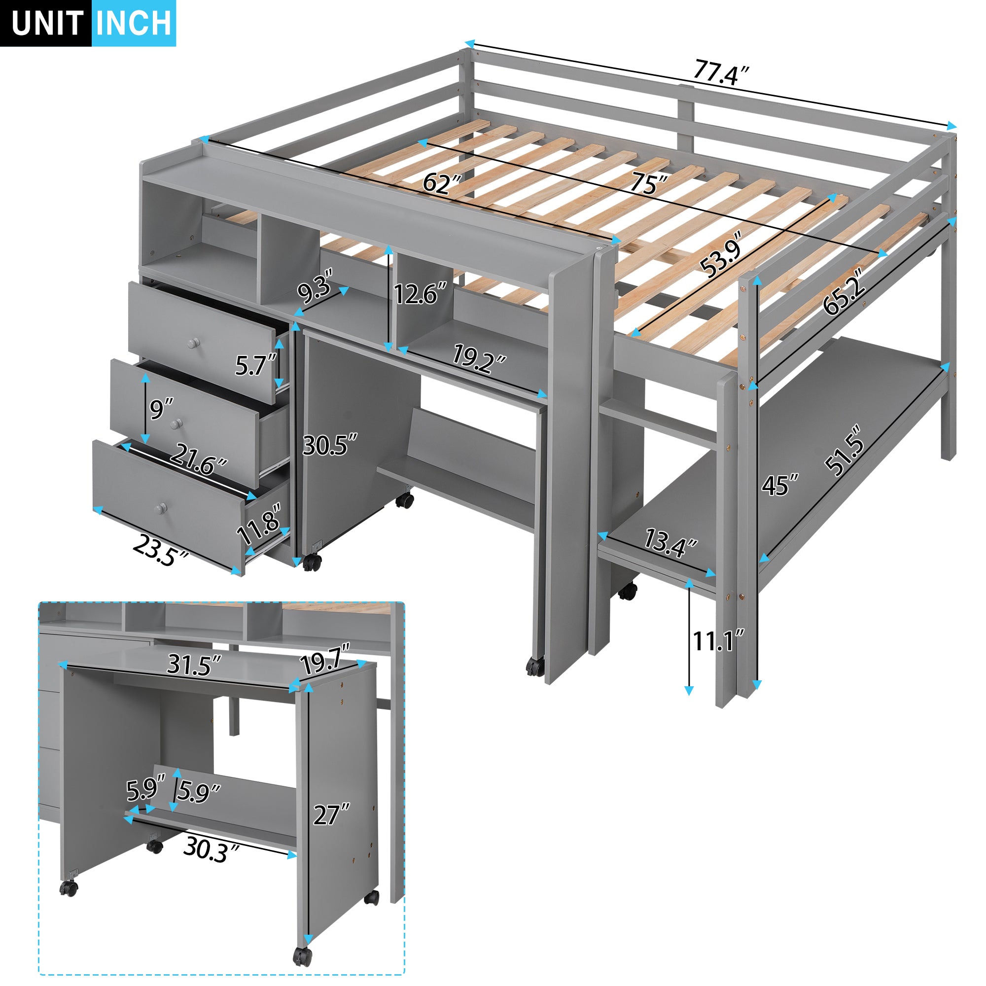 Full Size Low Loft Bed with Rolling Portable Desk, Drawers and Shelves, Gray(Old SKU: GX000711AAE) - Atlantic Fine Furniture Melbourne FL