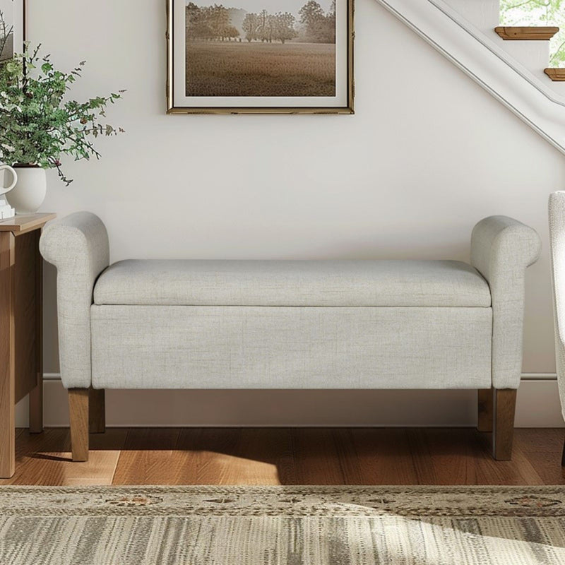 Upholstered Storage Bench With Rolled Armrests