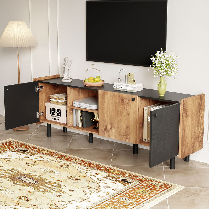 Mid Century TV Stand With 3 Cabinets, Media Console Table For Tvs Up To 70'', Entertainment Center With Storage For Living Room - Black / Brown