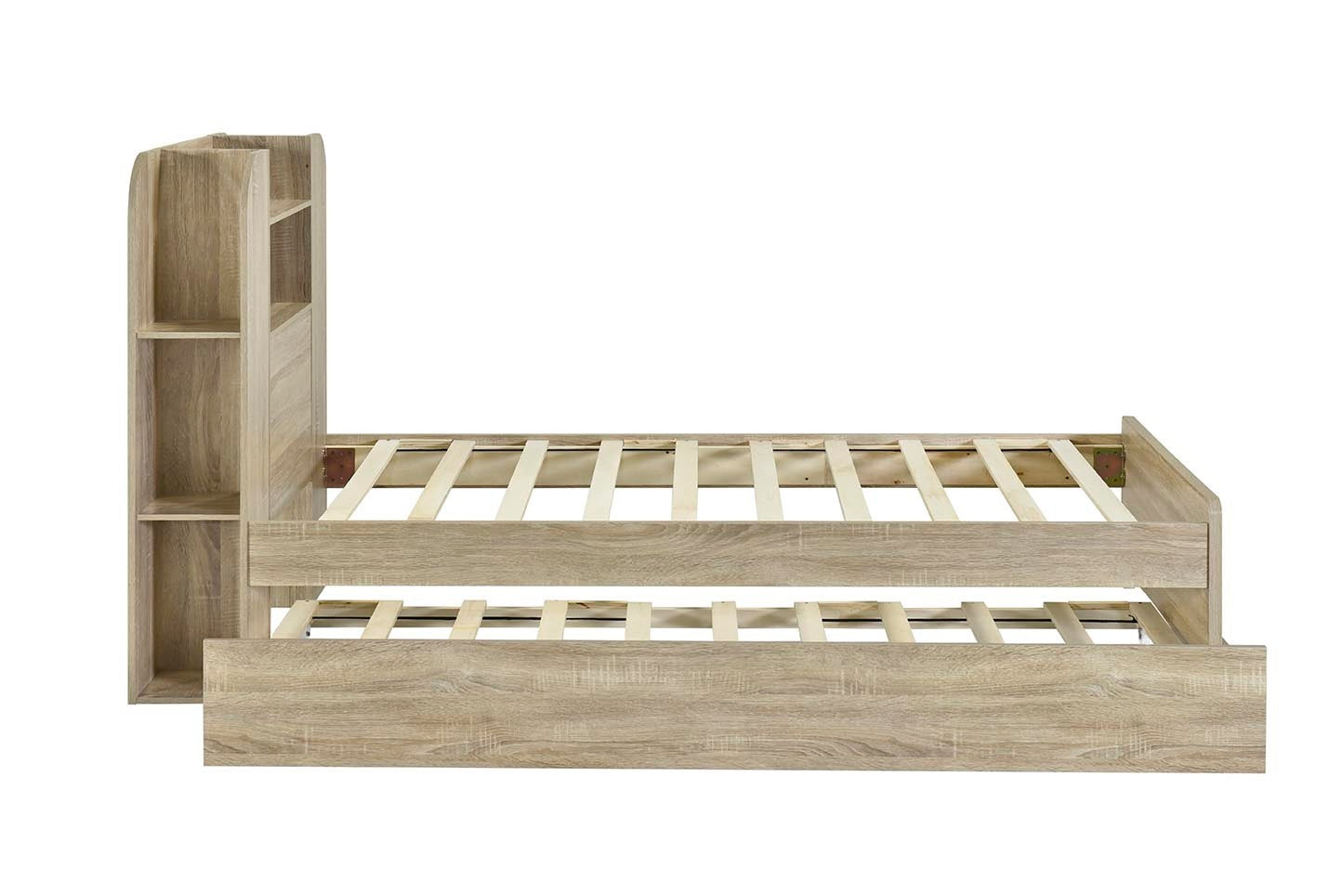 Twin Size Storage Platform Bed Frame with with Trundle and Light Strip Design in Headboard,Natural - Atlantic Fine Furniture Melbourne FL