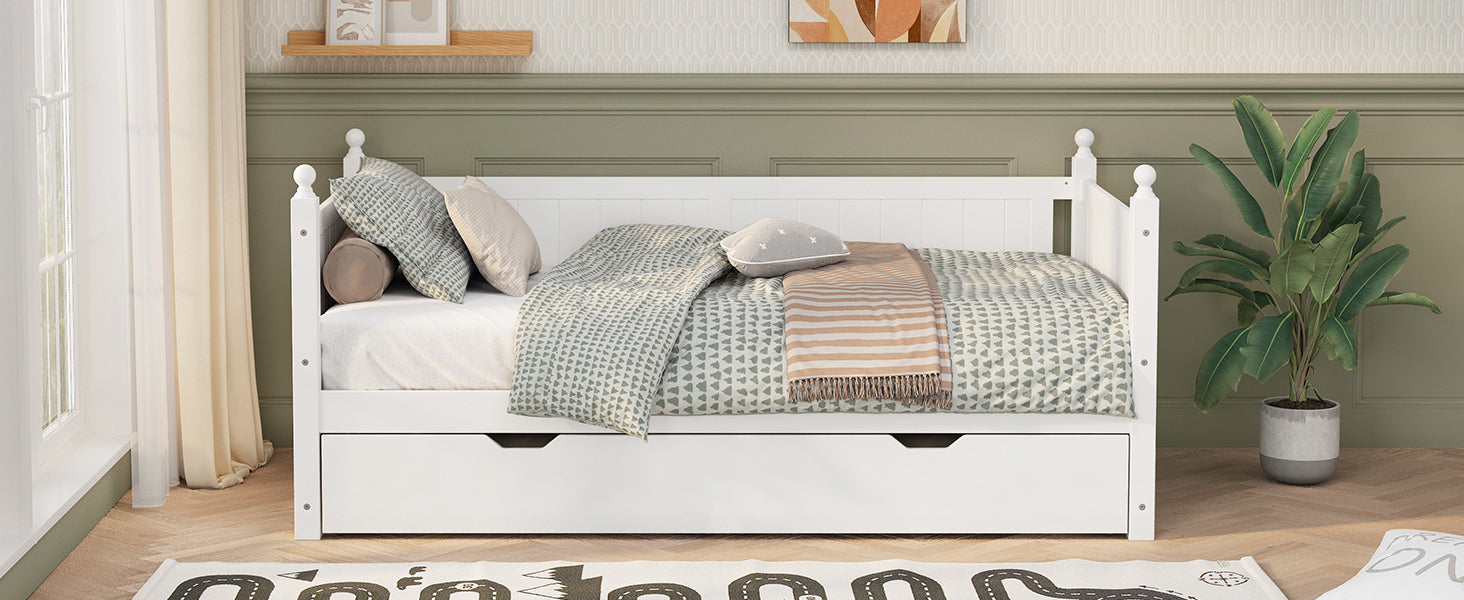 Twin Size Solid Wood Daybed with Trundle for Limited Space Kids, Teens, Adults, No Need Box Spring, White - Atlantic Fine Furniture Melbourne FL