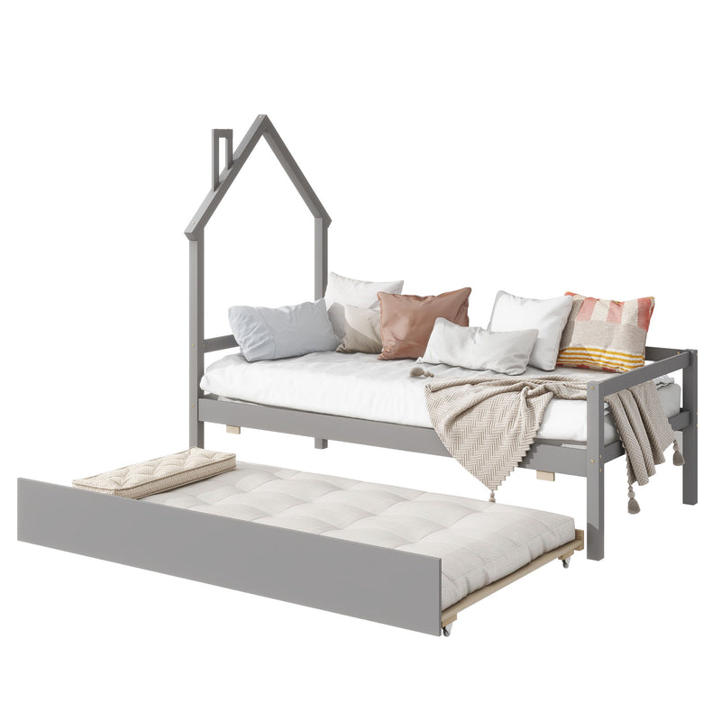 House Wooden Daybed With Trundle, House-Shaped Headboard Bed With Guardrails