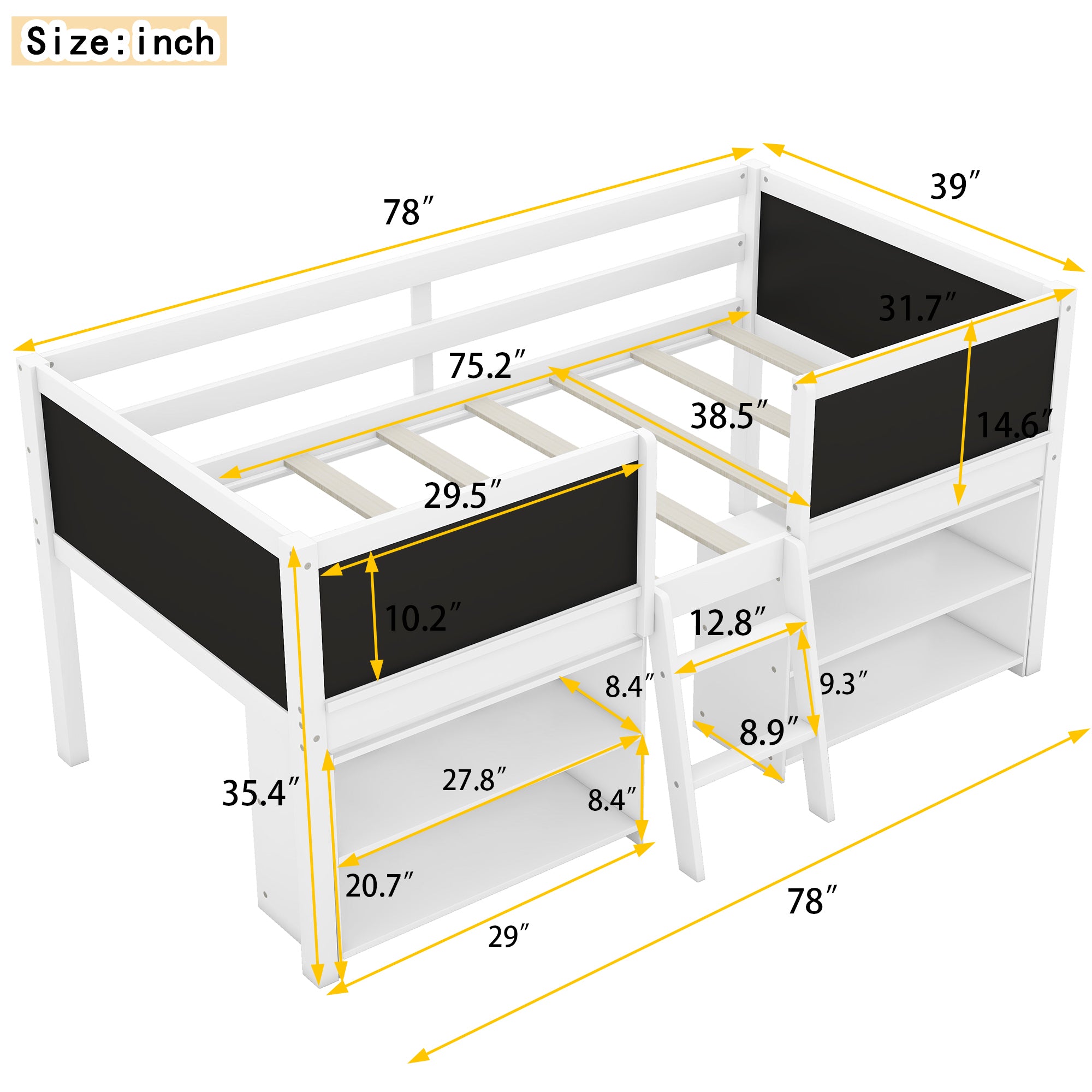 Twin Size Low Loft Bed with Two Movable Shelves and Ladder,with Decorative Guardrail Chalkboard,White(Old SKU: WF283286AAK) - Atlantic Fine Furniture Melbourne FL