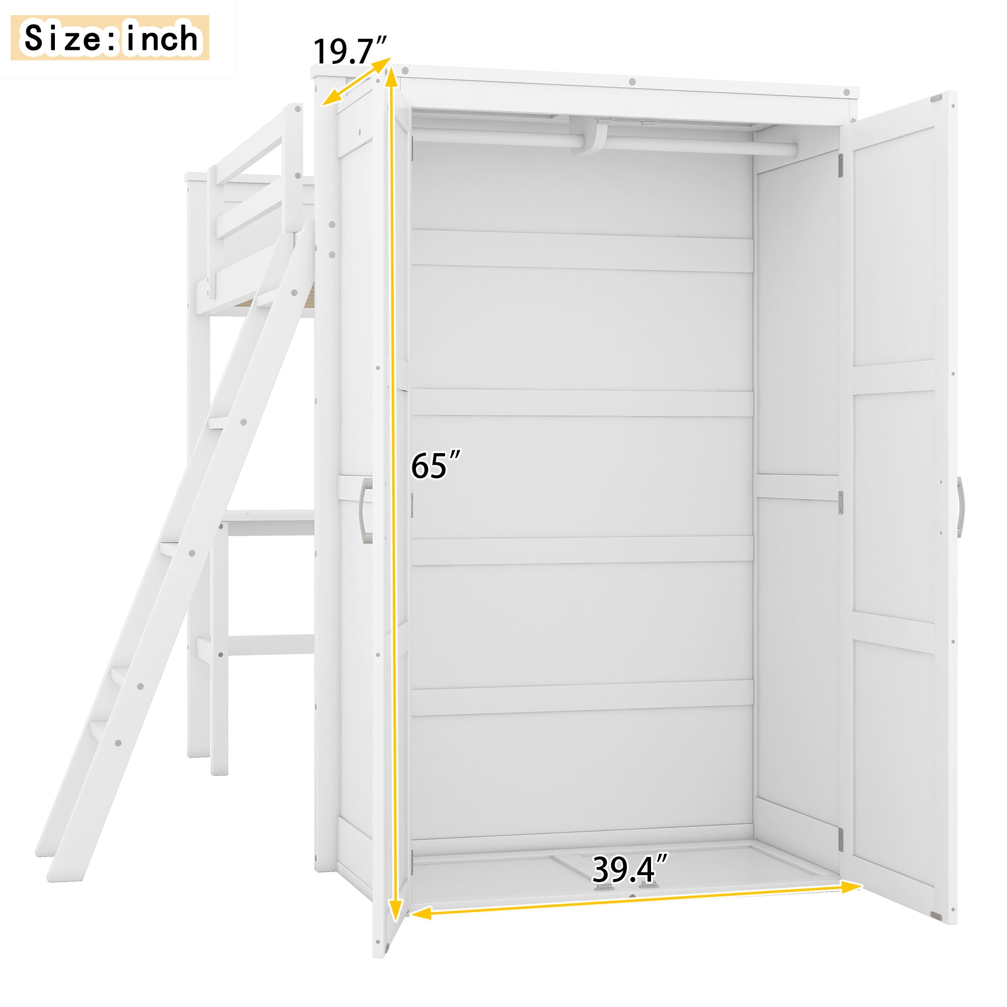Twin size Loft Bed with Desk, Shelves and Wardrobe-White - Atlantic Fine Furniture Melbourne FL