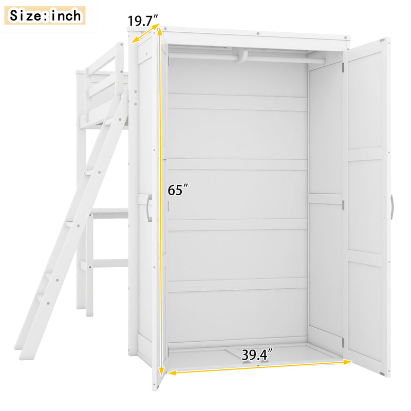 Twin size Loft Bed with Desk, Shelves and Wardrobe-White