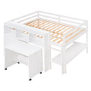 Full Size Low Loft Bed with Rolling Portable Desk, Drawers and Shelves, White(Old SKU: GX000711AAK)