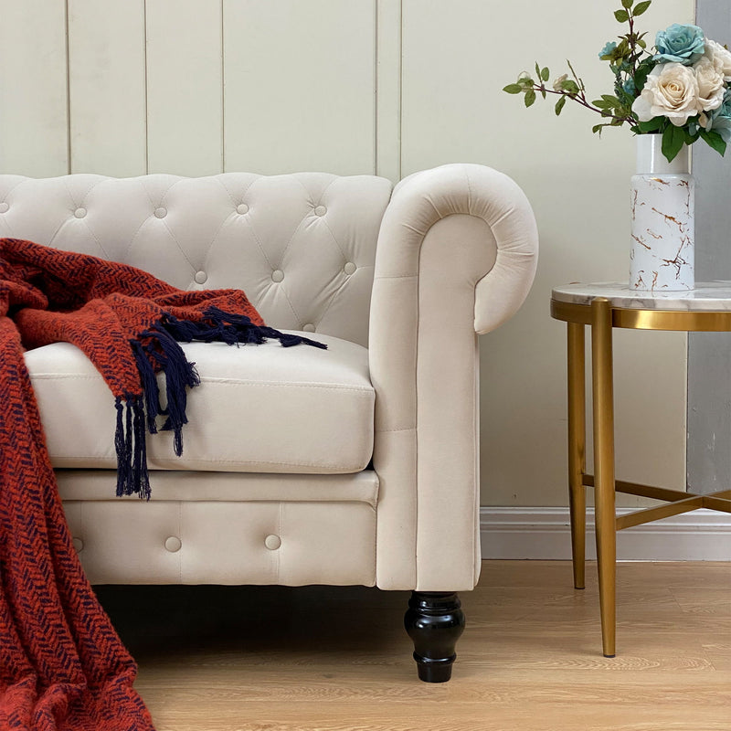 Chesterfield Sofa, 3-Seater Plush Fabric With Tufted Buttons And Wooden Legs, Classic Design - Beige