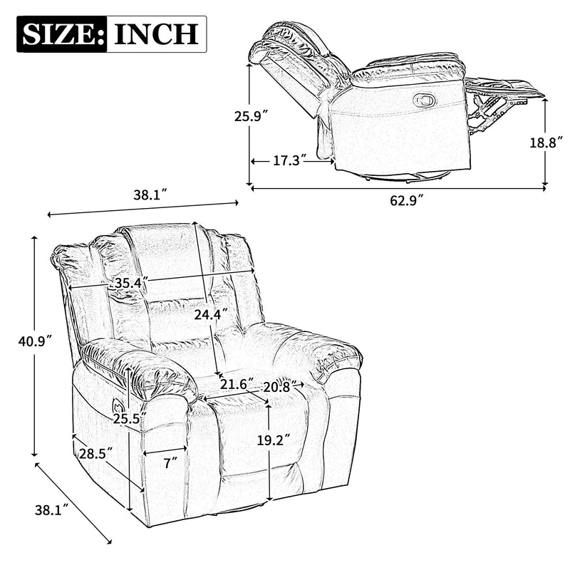 Home Theater Recliner Set Manual Recliner Chair With Wide Armrest, Two Built-In Cup Holders For Living Room