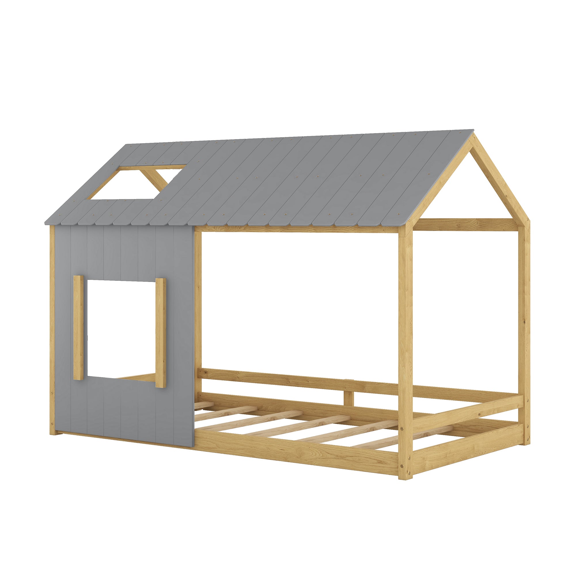 Twin Size House Bed with Roof and Window - Gray+Natural - Atlantic Fine Furniture Melbourne FL