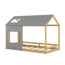 Twin Size House Bed with Roof and Window - Gray+Natural