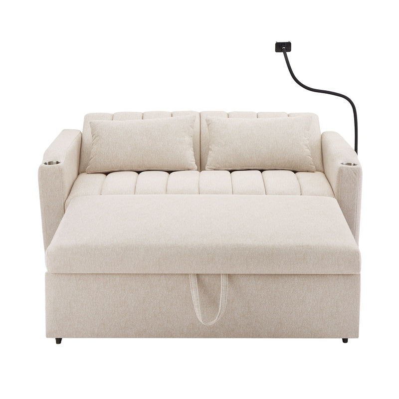 Convertible Sofa Bed Loveseat Sofa With Three USB Ports, Two Side Pockets, Two Cup Holders And 360° swivel Phone Holder For Living Room