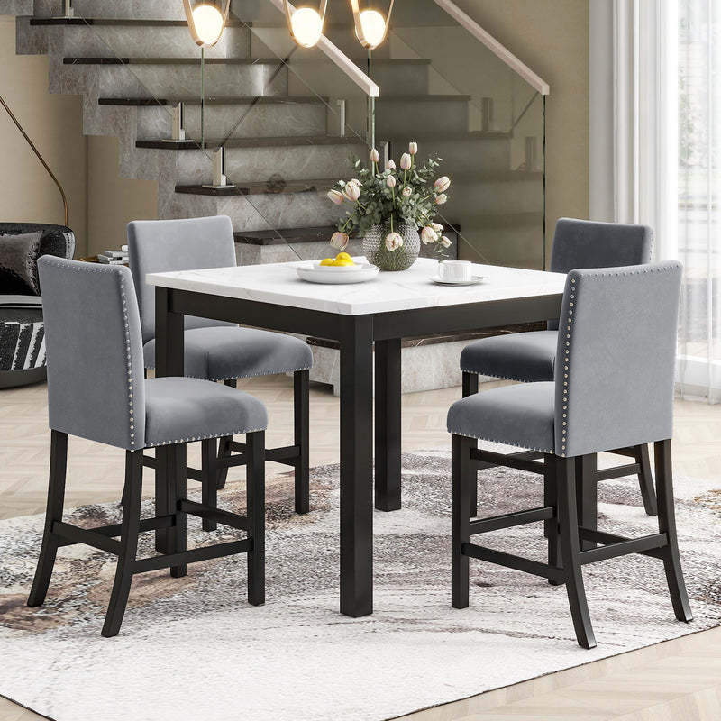 5 Piece Counter Height Dining Table Set With One Faux Marble Top Dining Table And Four Velvet Upholstered Chairs Atlantic Fine Furniture Inc