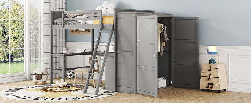 Full Size Loft Bed With Desk, Shelves And Wardrobe - Gray