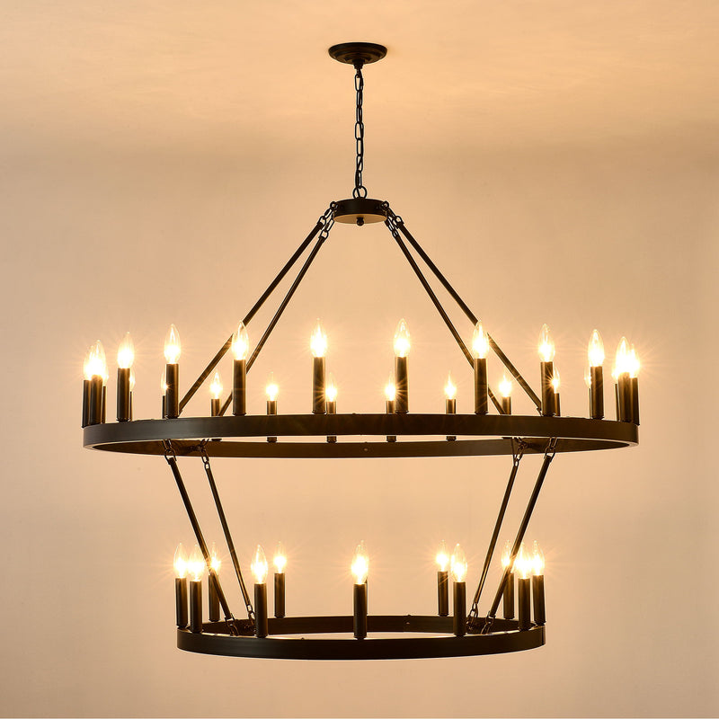 2 Tiers Wagon Wheel Chandelier Wooden Farmhouse 36 Light (24 / 12) Or (12 / 24) Metal Chandeliers 2 Story Light Fixtures Industrial For High Ceiling Living Dining Room Foyer, Adjustable Height - Black