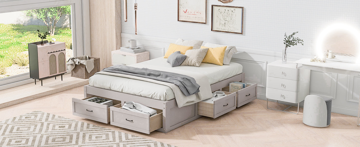 Full Size Platform Bed with 6 Storage Drawers,Antique White - Atlantic Fine Furniture Melbourne FL